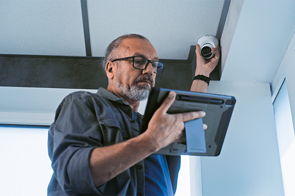 Man installing security cameras