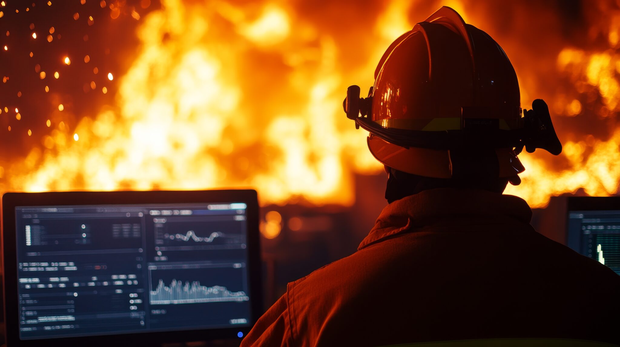 A firefighter in full gear observes screens displaying real-time data related to a raging fire behind him. He monitors the blaze, technology, safety, fire, and emergency response.