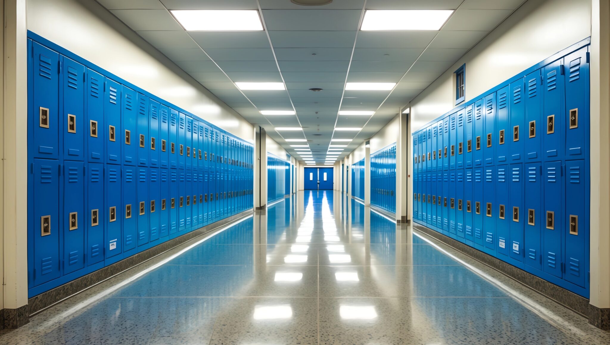 A typical US nondescript empty school hallway with royal blue metal lockers on both sides of the hallway