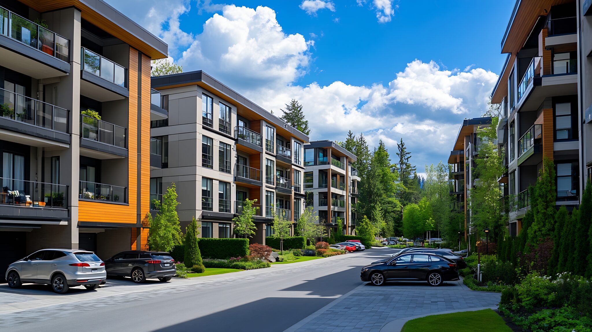 Exterior view of modern low rise apartment buildings complex with parking garages in an urban residential neighborhood : Generative AI