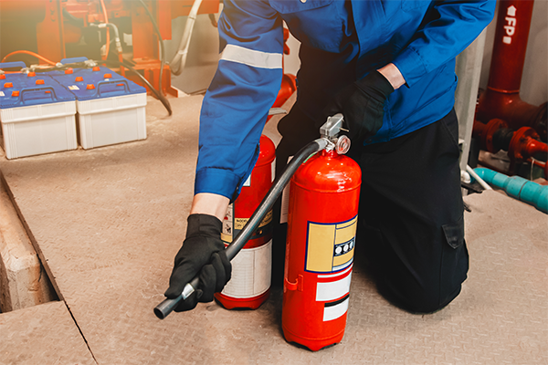 Inspector testing fire extinguisher
